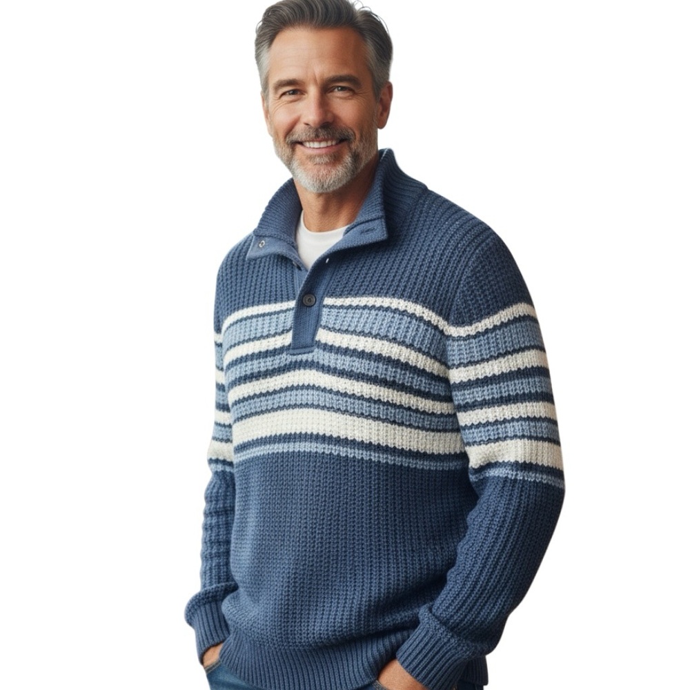 LL Bean 1/4 Snap Collar Chunky Knit Unisex Sweater 100% Cotton Slate Blue/White